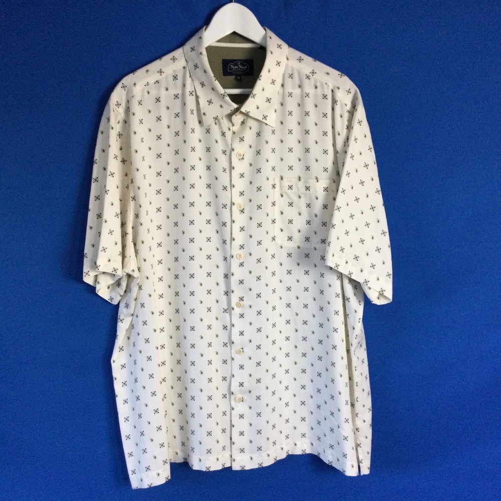 Nat Nast Silk Blend XL Men's Off White Patterned Short Sleeve Shirt